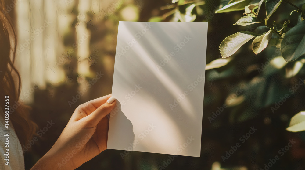 Woman holding blank paper, sunlight, garden, mockup