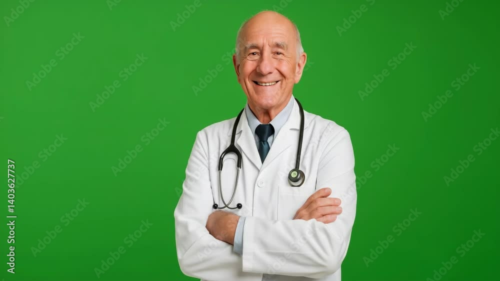 Confident doctor smiling with arms crossed in green screen background Confident doctor smiling with arms crossed in green screen background