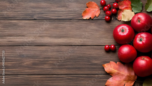 Red Apples and Berries with Colorful Autumn Leaves on Rustic Wooden Tabletop for Thanksgiving Decoration with Copy Space
