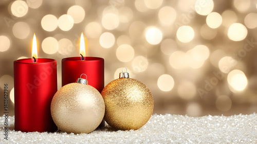 Red Christmas Candles with Golden Ornaments on Glittering Background for Festive Celebration