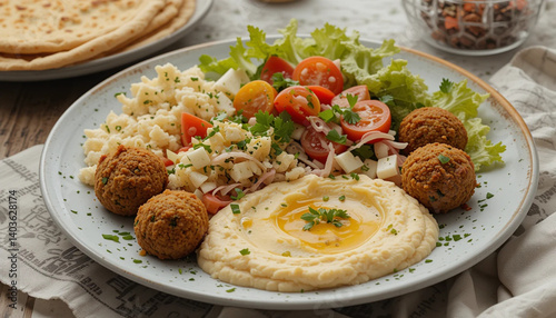 Falafel Plate with Hummus and Pita Bread – Middle Eastern dish with falafel balls, creamy hummus, fresh salad, and warm pita.