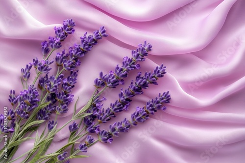 Lavender flowers arranged elegantly on soft pink satin fabric creating a serene and calming atmosphere for relaxation and beauty concepts photo