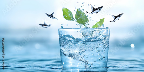 Refreshing Water Splashing from Glass with Green Leaves and Flying Penguins in Light Blue Tones