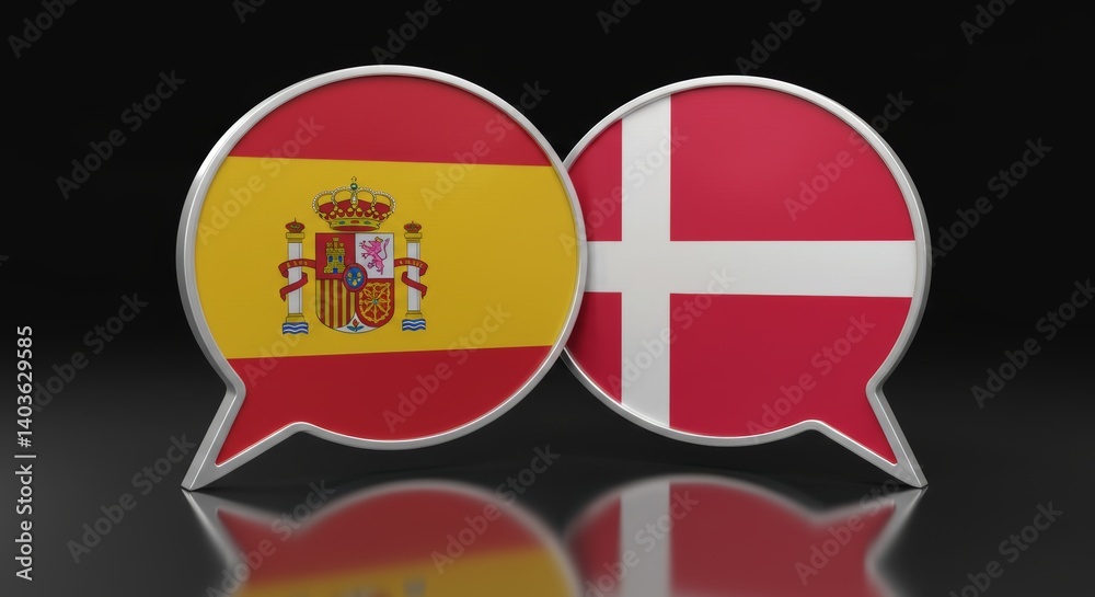 Spain and Denmark Dialogue: 3D Rendered Speech Bubbles with National Flags Spain and Denmark Dialogue: 3D Rendered Speech Bubbles with National Flags