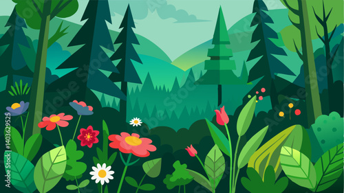 The deep green foliage of the boreal forest is interrupted by delicate patches of vibrant wildflowers adding a pop of color to the tranquil landscape.