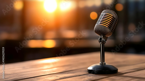 Retro Microphone on Wooden Table with Golden Sunset Light and Blurred Background