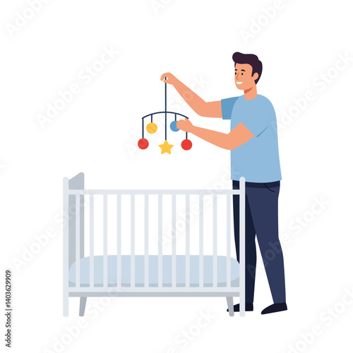 Father adjusting colorful mobile above crib in flat vector art