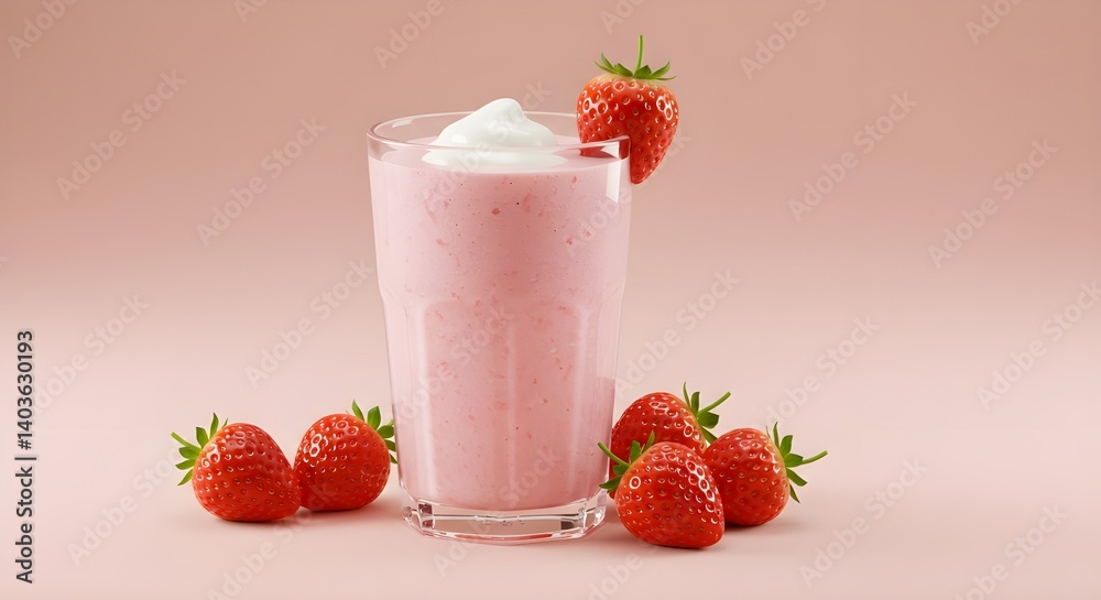 A delightful shot features a tall, clear glass filled with a smooth, light pink strawberry milkshake, topped with a dollop of white whipped cream A delightful shot features a tall, clear glass filled with a smooth, light pink strawberry milkshake, topped with a dollop of white whipped cream