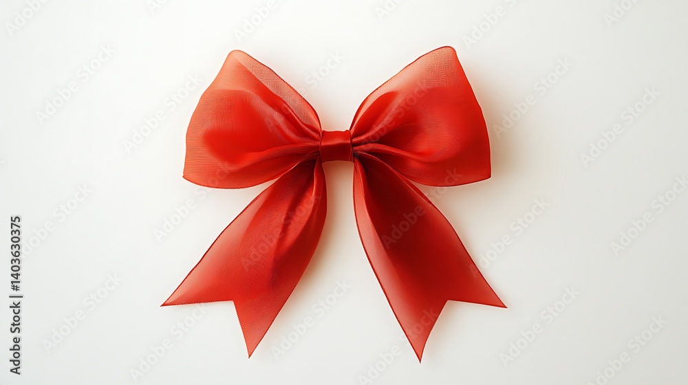 Fototapeta premium Red Organza Ribbon Bow Centered On White Backdrop For Christmas Holiday Gift