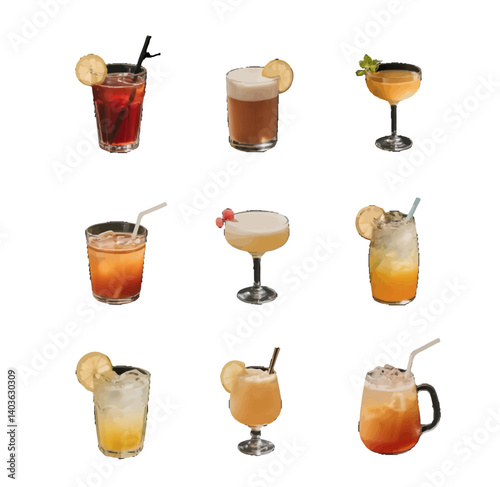 set of alcohol drinks and bottles Alcoholic beverages, fruit juice drinks