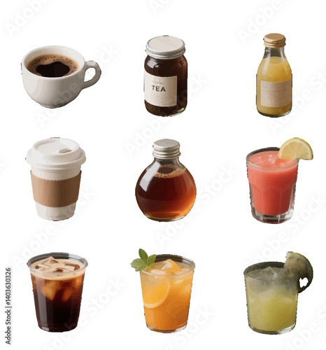 set of alcohol drinks and bottles Alcoholic beverages, fruit juice drinks