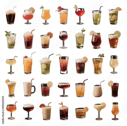 set of alcohol drinks and bottles Alcoholic beverages, fruit juice drinks