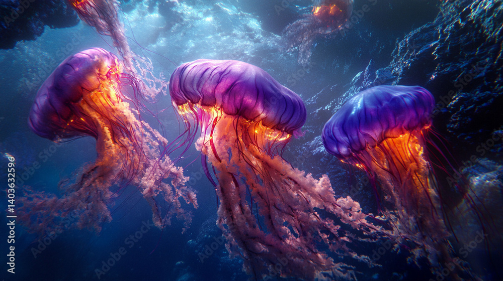 Fototapeta premium Vibrant jellyfish illuminated in deep underwater depths.
