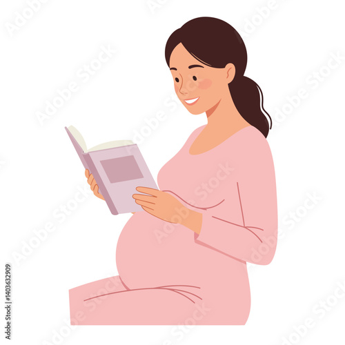 Pregnant woman reading a book in a cozy setting flat vector art
