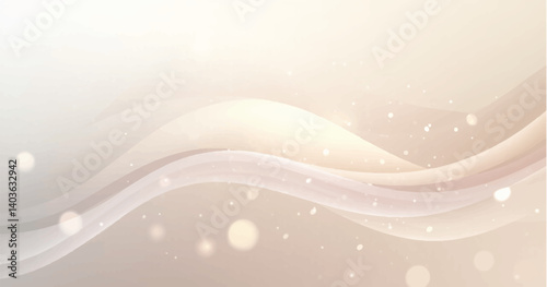 RGB smooth, light-colored flowing waves or curves on a soft gradient background. Add small glowing light particles or bokeh effects scattered across the Use a light beige and white color palettn