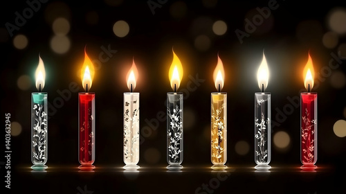 Set of Lit Multi Colored Candles with Flickering Flames on Black Bokeh Background