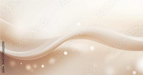 RGB smooth, light-colored flowing waves or curves on a soft gradient background. Add small glowing light particles or bokeh effects scattered across the Use a light beige and white color palettn