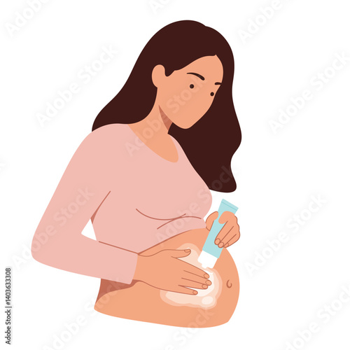 Pregnant woman applying lotion on belly in minimal vector illustration