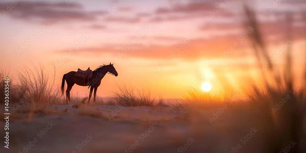 Silhouette of Horse with Saddle Standing in Golden Field During a Vibrant Sunset Silhouette of Horse with Saddle Standing in Golden Field During a Vibrant Sunset