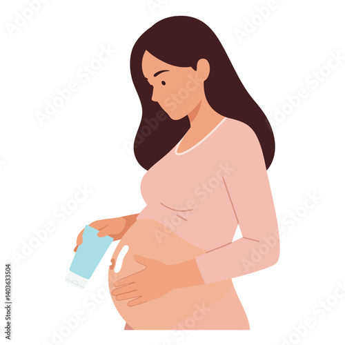 Pregnant woman applying lotion to her belly in flat vector art