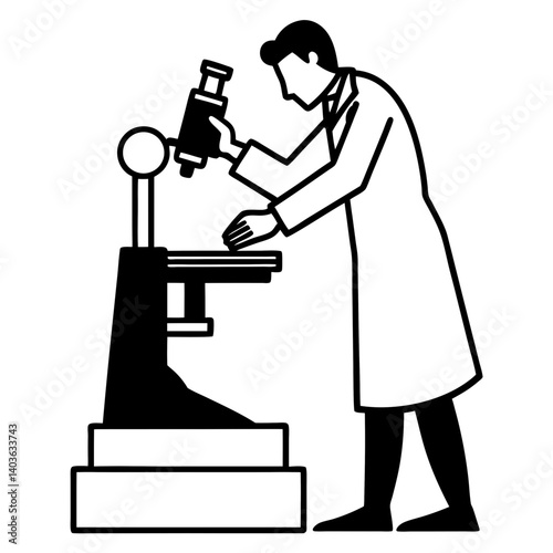 A silhouette of a researcher adjusting the focus of a microscope, with hands near the eyepiece 