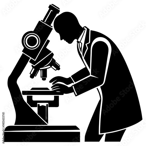 A silhouette of a researcher adjusting the focus of a microscope, with hands near the eyepiece 