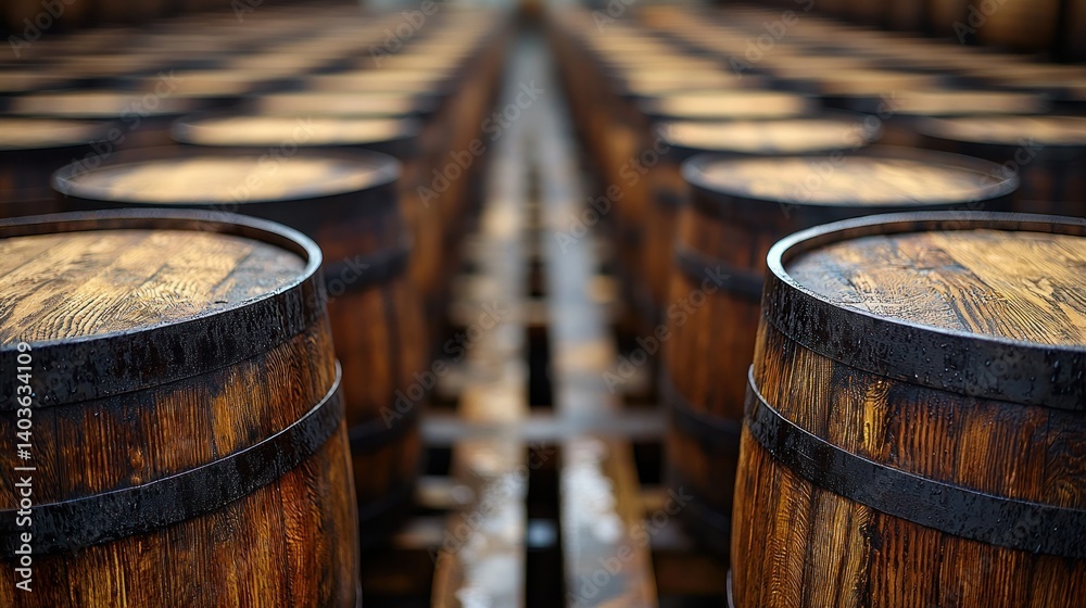 Fototapeta premium Rows of Aged Wooden Barrels in a Distillery