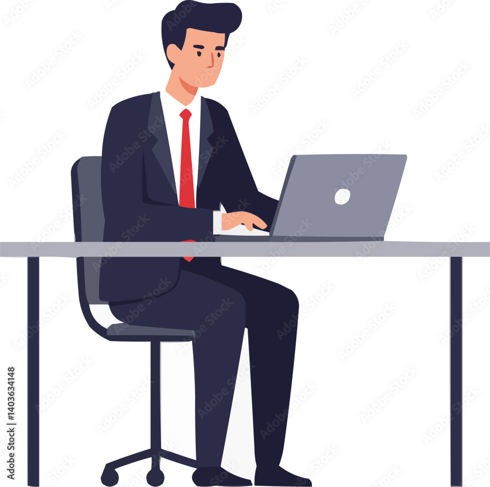 Flat vector of businessman working at desk, minimal style, white background Flat vector of businessman working at desk, minimal style, white background