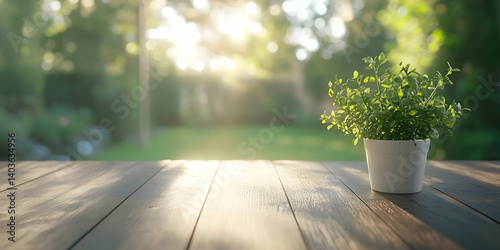 Small Green Potted Plant on Wooden Table Surface Lit by Sunlight in Garden Environment with Backyard Trees and Bushes in a Sunny Day