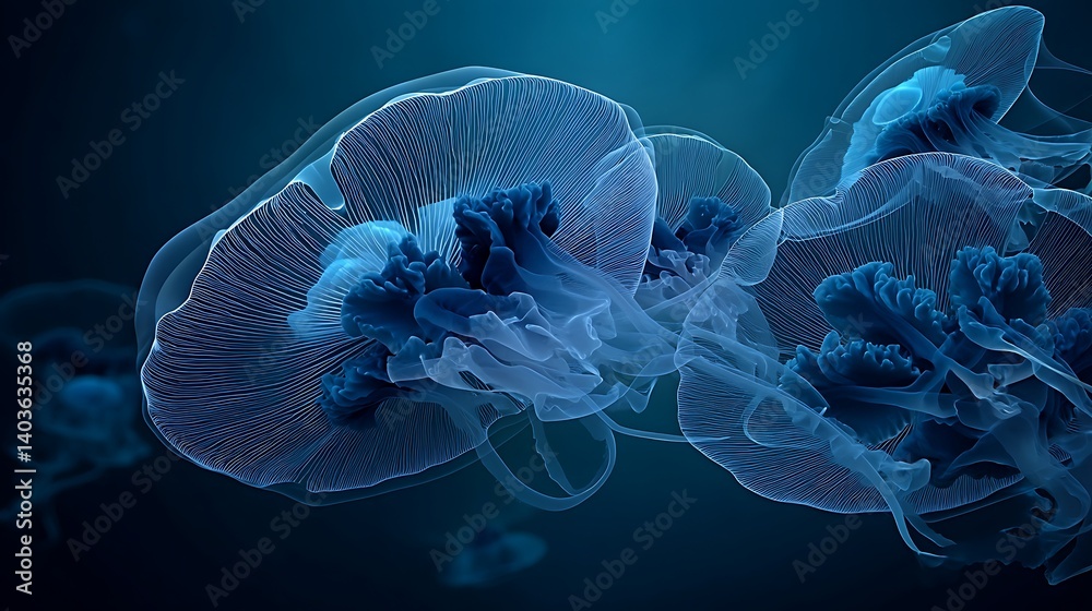 Obraz premium Glowing Jellyfish Swimming in Deep Blue Ocean