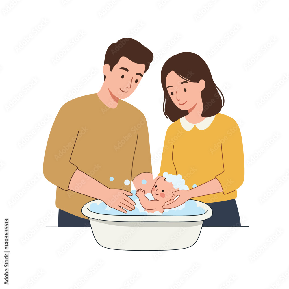 Parents bathing baby in a minimalist, flat design style vector illustration Parents bathing baby in a minimalist, flat design style vector illustration