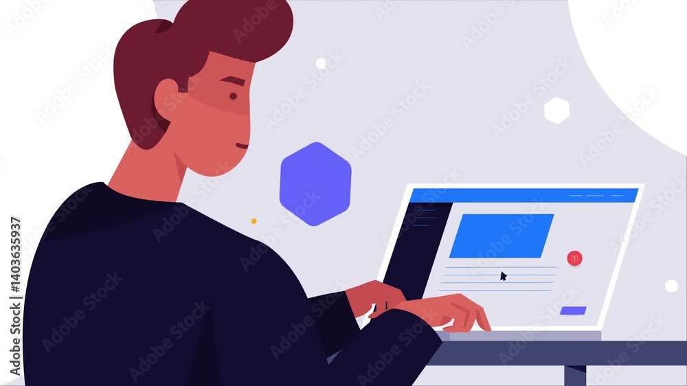 Animated person working on a laptop, surrounded by floating icons, illustrating remote work and modern digital workflow. Animated person working on a laptop, surrounded by floating icons, illustrating remote work and modern digital workflow.