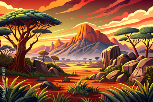 Safari and travel to Africa cartoon, extreme adventures or science expedition in a stone desert vector. Sahara desert at sunrise, mountain landscape, savanna landscape