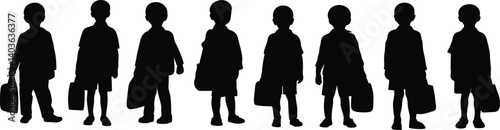 Silhouettes, children, group, standing, lineup, black and white, minimal, shadow figures, uniform heights, row of kids, simple shapes, outline, profile view, elementary school age, stylized