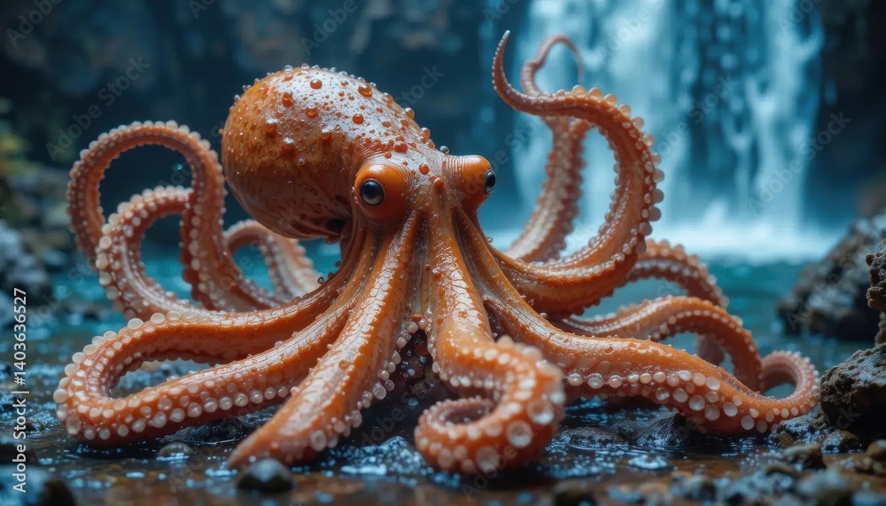 Obraz premium Oceanic Octopus near Cascading Waterfall, Dramatic Underwater Portrait