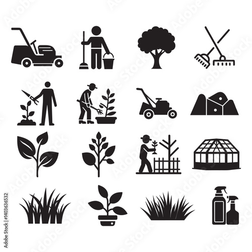 Lawn mower, Garden cleaning, Tree maintenance, Rake tools, Pruning plants, Garden worker, Grass cutting, Soil management, Leaf icon, Plant growth, Tree planting, Greenhouse gardening, 