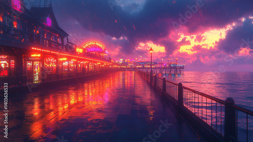 Fotografie Vibrant pier boardwalk at sunset, reflecting neon lights.