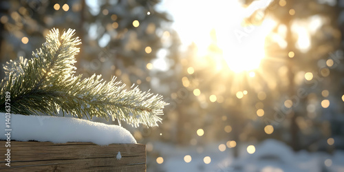 Snow Covered Fir Branch on Wooden Surface with Bokeh Lights in a Sunny Winter Forest