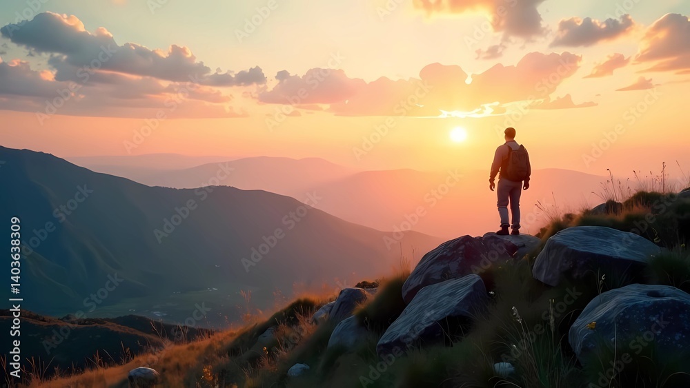 Fototapeta premium Serene sunrise meditation, reconnecting with nature. Travel. Honoring summer's beginning.