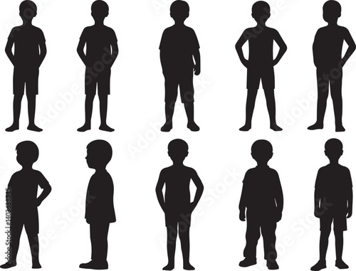 Silhouettes of children, diverse body types, front and side views, black outlines on white background, full body poses, group of 10 figures, stylized human forms, simple clean design