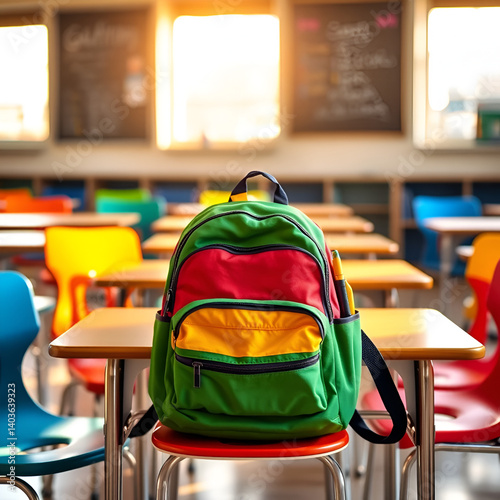 A colorful backpack sits on a sunlit classroom desk, symbolizing readiness and eagerness for a new school day amidst vibrant chairs. photo