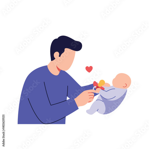 Father interacting with baby in playful moment flat vector illustration