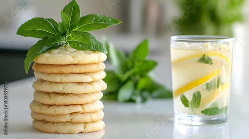 Stack of Sugar Cookies and Lemonade with Mint Leaves on Marble Countertop