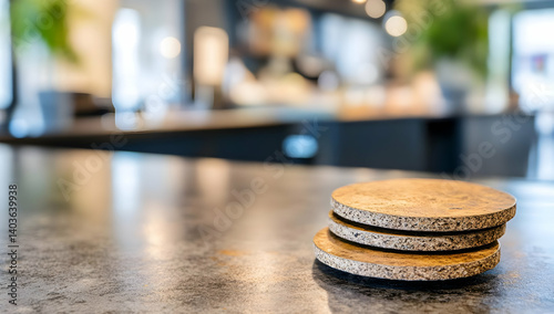 Stacked Round Coasters on Granite Countertop in Blurred Interior Background