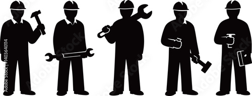 Set of black solid workers wearing helmets and tools