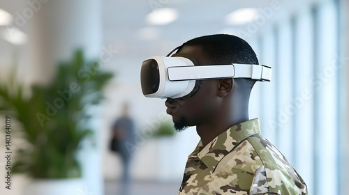 Man in Military Style Shirt Wearing White Virtual Reality Headset in Office Setting
