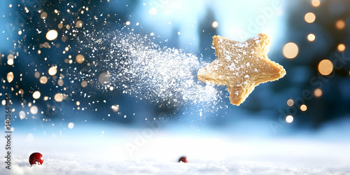 Star Shaped Cookie Covered with Powdered Sugar on Snowy Surface Against Blue Bokeh Background For Festive Christmas Holiday Season