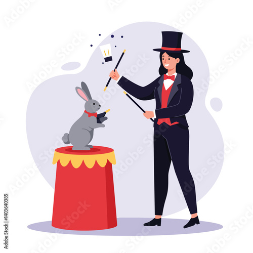 Magician performing a trick with a rabbit on a red podium in a whimsical setting