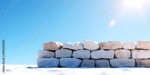 Stone Wall Constructed with White Bricks under Clear Blue Sky on a Sunny Day Creates Simple Minimalist Outdoor Background