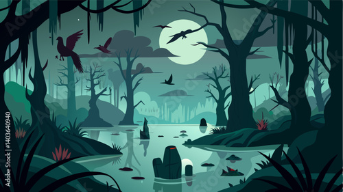 The eerie silence of the bayou is accompanied only by the rustle of leaves and the occasional call of a swamp bird.